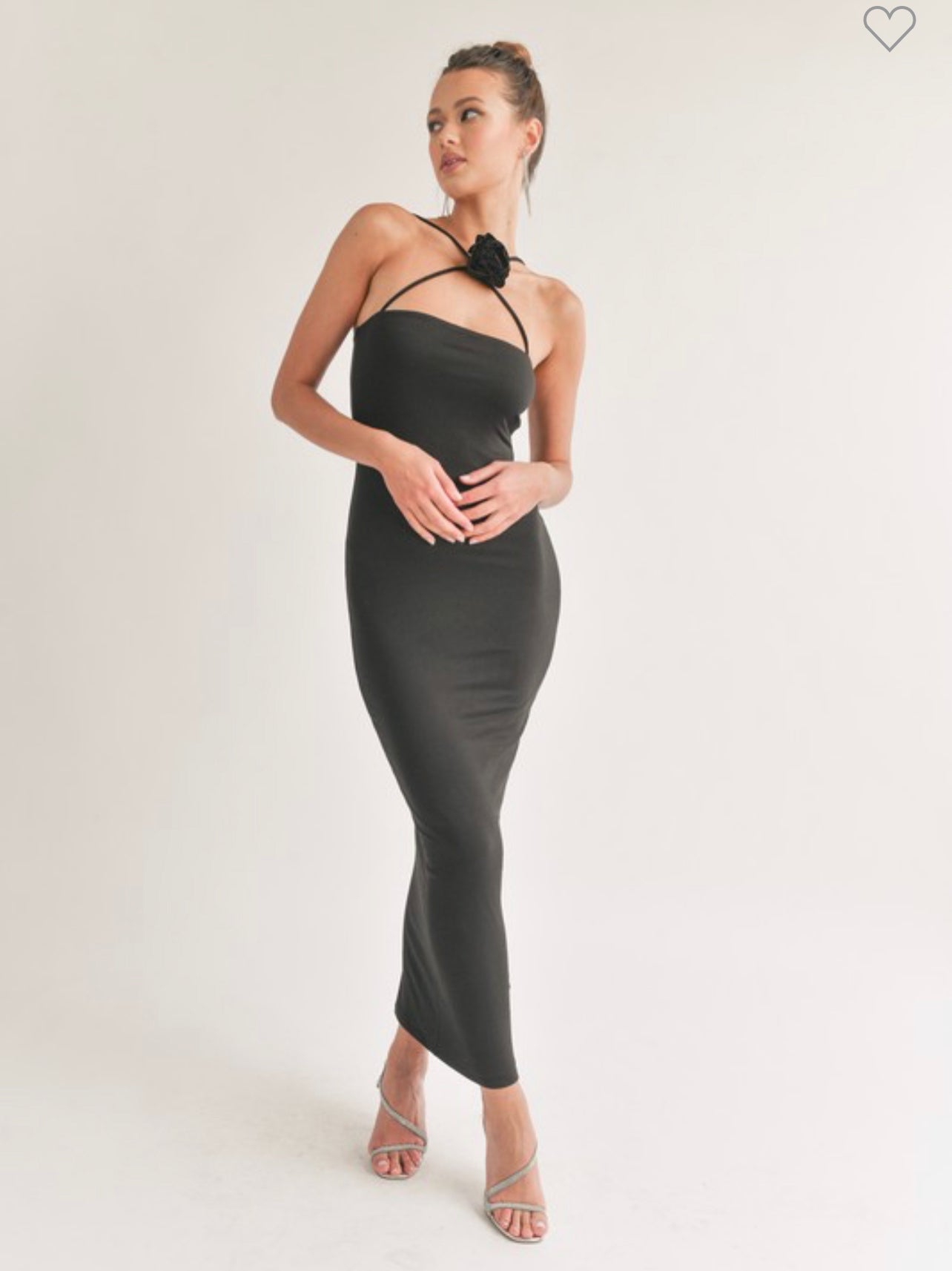 Black Bodycon Midi Dress w. Flower detailed