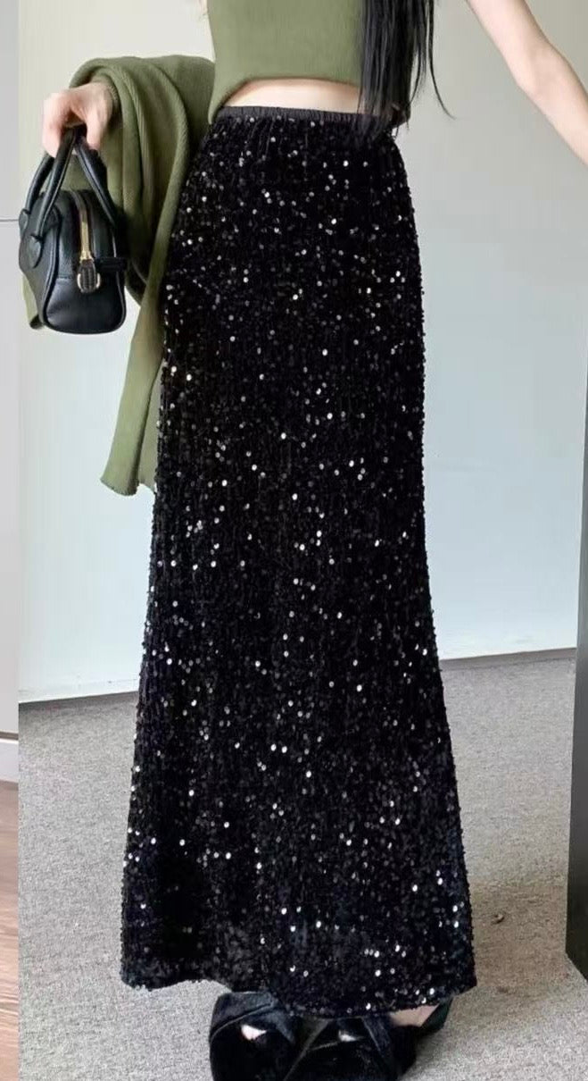 Black Sequin Long Skirt