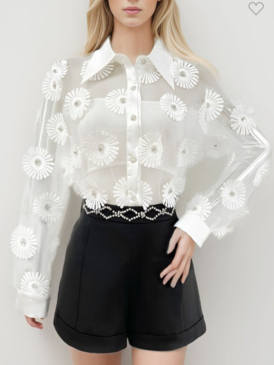 Embroidered Flower Diamond Blouse