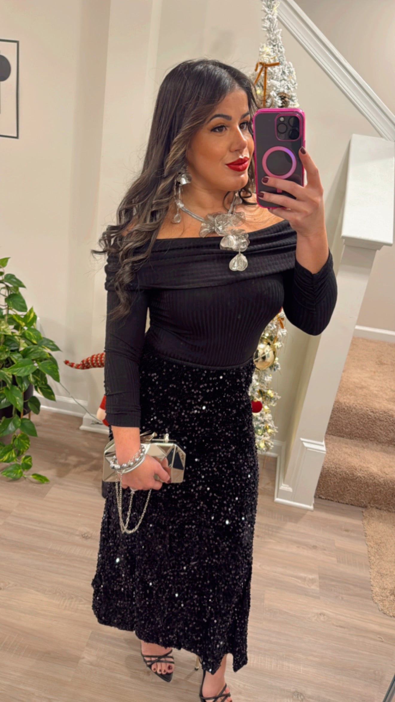 Black Sequin Long Skirt